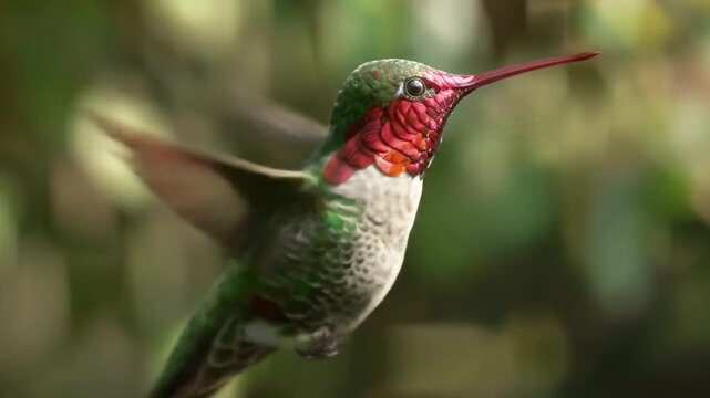 Majestic hummingbird in vibrant flight, showcasing iridescent red gorget and green plumage, hovering in a lush natural environment.