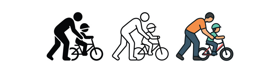 parents teaching child to ride bike icon on white background Black silhouette flat icon outline icon and colored icon style. 1x3 grid. three minimal vector icon style. centered composition