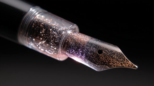 Close-up of a fountain pen nib. the nib is made of glass and has a metallic sheen. the tip of the nib is covered in small, glittery particles, giving it a sparkly appearance.