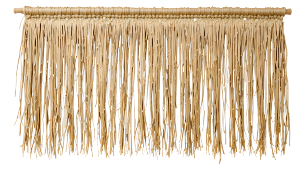 Natural dried grass fringe curtain adds bohemian charm and tropical texture to any event or home decor project creating a vibrant island vibe