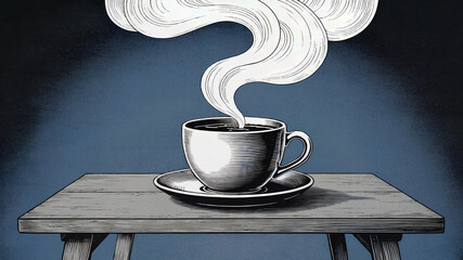 Hot coffee cup with rising steam on wooden table under gray artistic background