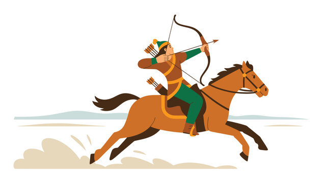 Illustration of a horse archer riding a horse with a bow and arrow in a cartoon style design