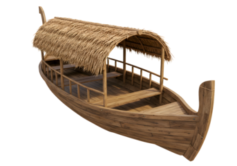 Experience serene tropical journeys aboard this authentic wooden boat with a charming thatched roof, perfect for tranquil waters and island exploration.