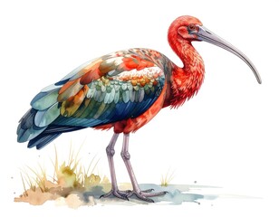 Colorful watercolor illustration of a long-beaked ibis bird