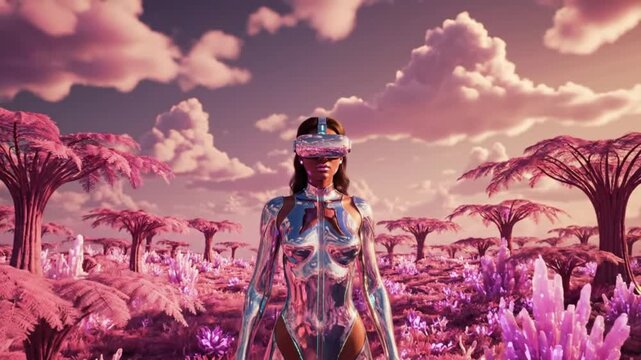 Futuristic woman wearing virtual reality headset exploring pink alien landscape with metallic suit and glowing crystal trees in fantasy sci fi world