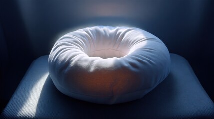 Round, white cushion on a blue surface. the cushion appears to be made of a soft, plush material and has a smooth texture.