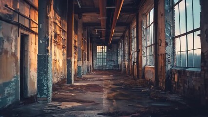 Long abandoned industrial hallway with peeling paint and broken windows, evoking decay and forgotten history in a derelict factory. - Powered by Adobe