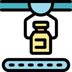 Modern pharmaceutical factory using robotic arm for handling medicine bottles on assembly line, ensuring efficient and sterile production