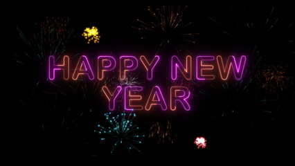 Happy new year neon sign with fireworks in the background at night time