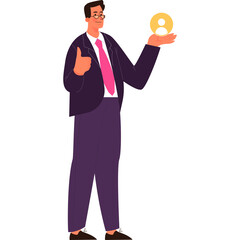 Man In Dark Suit With Pink Tie Holding Profile Icon In Hand Giving Thumbs Up With White Background