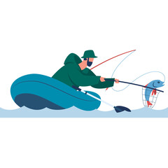 Man in green jacket and hat fishing from blue inflatable boat on wavy water catching a jumping fish with red fishing rod on white background