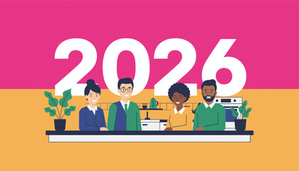 Diverse business team beneath 2026 milestone symbolizing future goals success and planning