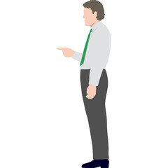 Man in Light Blue Shirt and Green Tie Pointing to the Left Side Standing Against a White Background