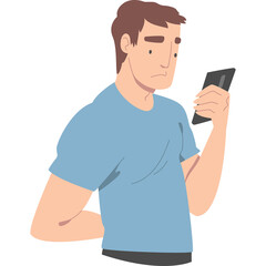 Man In Light Blue T-shirt Holding A Black Smartphone And Looking Concerned With Transparent Background