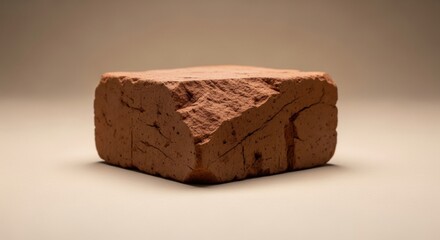 A single, weathered red brick with a coarse, cracked texture and chipped edges, isolated in a professional studio setting on a neutral background.