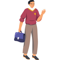 Man in Maroon Sweater and Brown Trousers Holding a Blue Briefcase Waving Hello on a Transparent Background Realistic Illustration