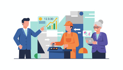 Obraz premium Business team and factory worker collaborate on data analysis for industrial optimization