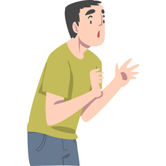 Man In Olive Green T Shirt And Blue Jeans With Short Dark Hair Expressing Surprise With Mouth Open And Hands Outstretched On White Background