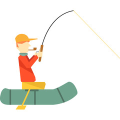 Man in Orange Hat and Red Jacket Fishing from a Green Boat on a White Background with a Yellow Fishing Line and Pipe