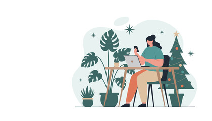 Working from home during Christmas holidays Digital worker using laptop and smartphone