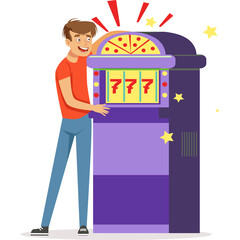 Man In Orange Shirt and Blue Jeans Excitedly Playing a Purple Slot Machine With Lucky Number 777 Displayed