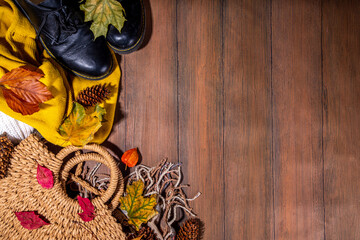 Fall autumn cozy clothes and decor background