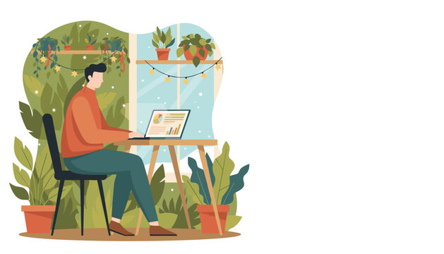 Man working remotely on a laptop in a comfortable plantfilled home office environment