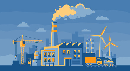 Industrial cityscape with factory crane wind power and logistics Manufacturing and energy concept