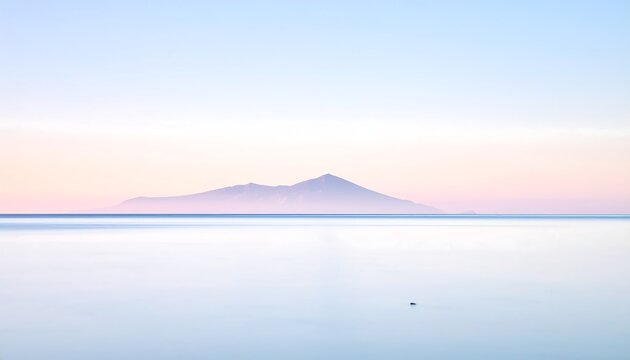 Distant, snow-capped mountain peak rising from calm waters at dawn