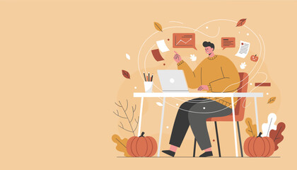 Productive remote work in autumn Man at desk with laptop managing tasks and data