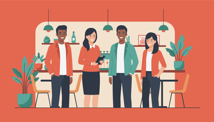 Diverse professional team collaborating happily in a modern office breakroom or cafe setting