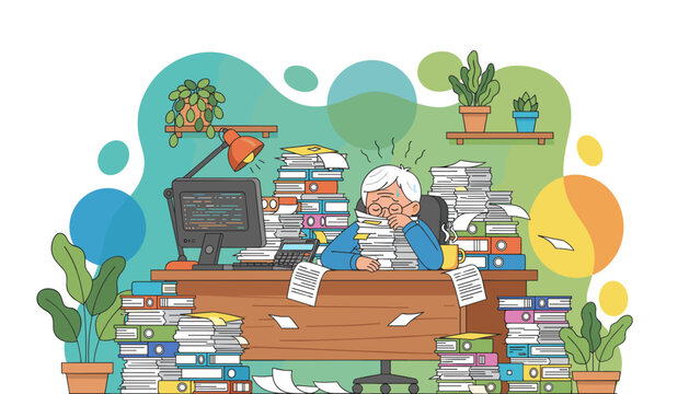 Overwhelmed worker buried under endless paperwork and files at a messy office desk