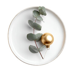 Matte ceramic plate with eucalyptus branch and golden ornament ball, clean minimal New Year aesthetic. Isolated white background. Png format