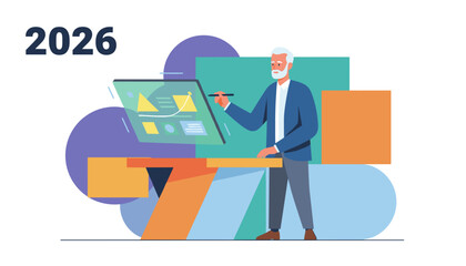 2026 business planning Senior executive analyzing future data on a holographic display