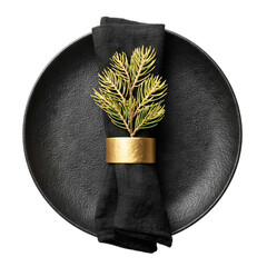 Matte black plate with metallic gold napkin ring and green pine sprig. Isolated white background. Png format