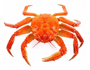 A cooked crab with red shell and orange legs, isolated on white