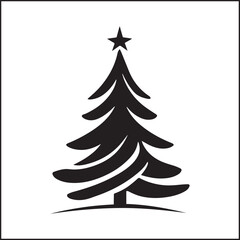 Obraz premium Minimalist Christmas tree silhouette with curved branches, star topper, and ground line on white background