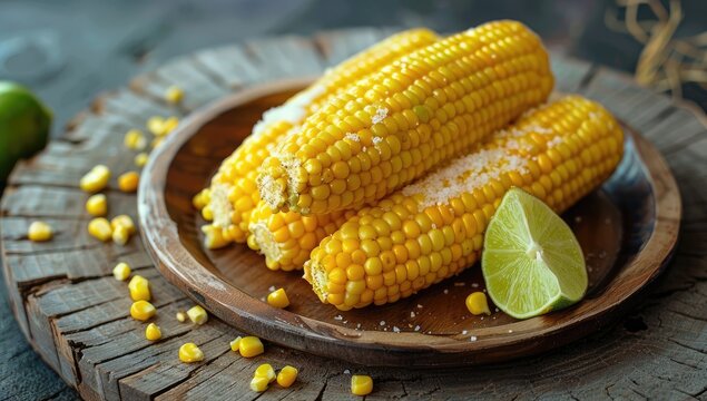 Three ears of boiled corn on the cob, sprinkled with salt, rest on a rustic wooden plate alongside a lime wedge. Scattered corn kernels surround the plate on a weathered wooden surface