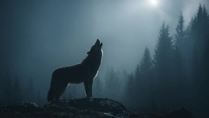 Silhouette of howling wolf against a moonlit forest scene at night - Powered by Adobe