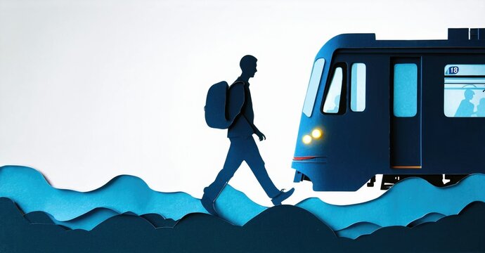Silhouette depicts person walking near train. Papercraft style creates abstract landscape, suggesting travel, journey, movement. Minimalist design.