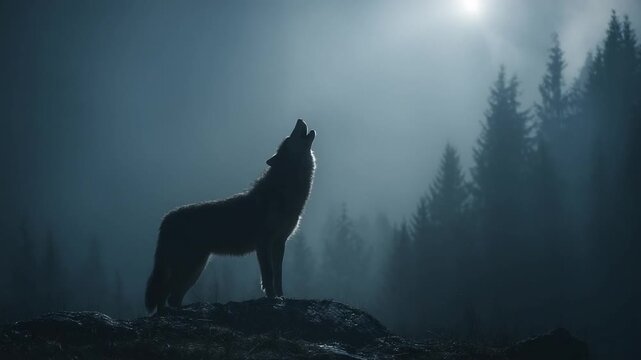 Silhouette of howling wolf against a moonlit forest scene at night