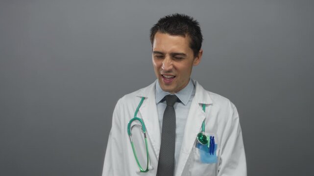 Young man doctor in uniform with stethoscope smiling against grey background conveying professionalism and friendliness in a healthcare setting.