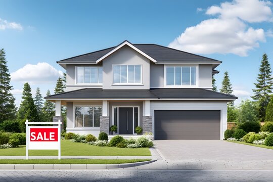 Modern two-story house with large windows and a well-maintained lawn, featuring a prominent sale sign in front, showcasing real estate opportunity and inviting atmosphere