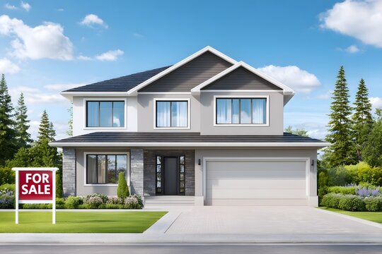 Modern two-story house with large windows and a well-manicured lawn, featuring a prominent for sale sign, surrounded by lush greenery and a clear blue sky - Powered by Adobe