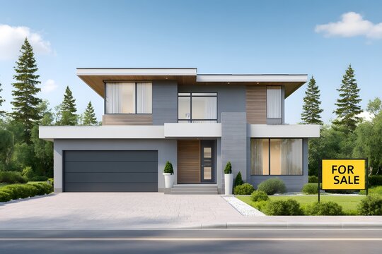 Modern residential house with sleek architecture, large windows, and manicured landscaping, featuring a prominent 'For Sale' sign in front, showcasing real estate opportunity