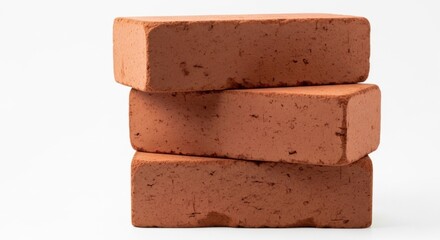 A close-up of three new red bricks stacked neatly on top of each other, isolated on a pure white background. A basic building and construction concept.