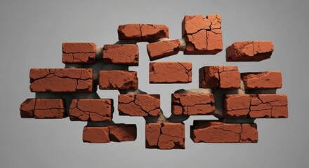 A floating, disintegrating section of a cracked red brick wall held by crumbling mortar, isolated on a grey studio background. An abstract concept of collapse and fragility.