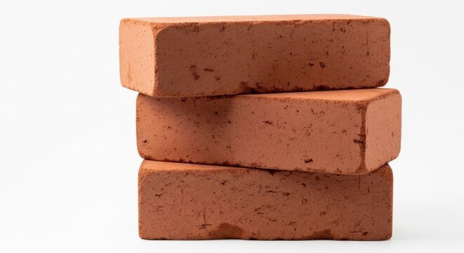 A close-up of three new red bricks stacked neatly on top of each other, isolated on a pure white background. A basic building and construction concept.
