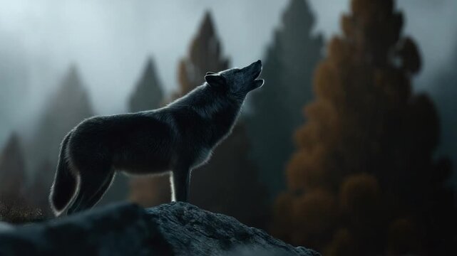 Howling wolf silhouette against cloudy sky and forest background