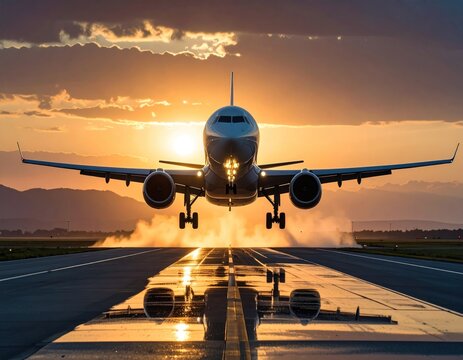 Jet plane taking off at sunrise, reflecting on wet runway